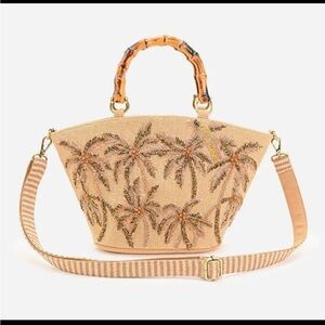 Beaded Palm Embroidered Straw Tote Bag - Beige